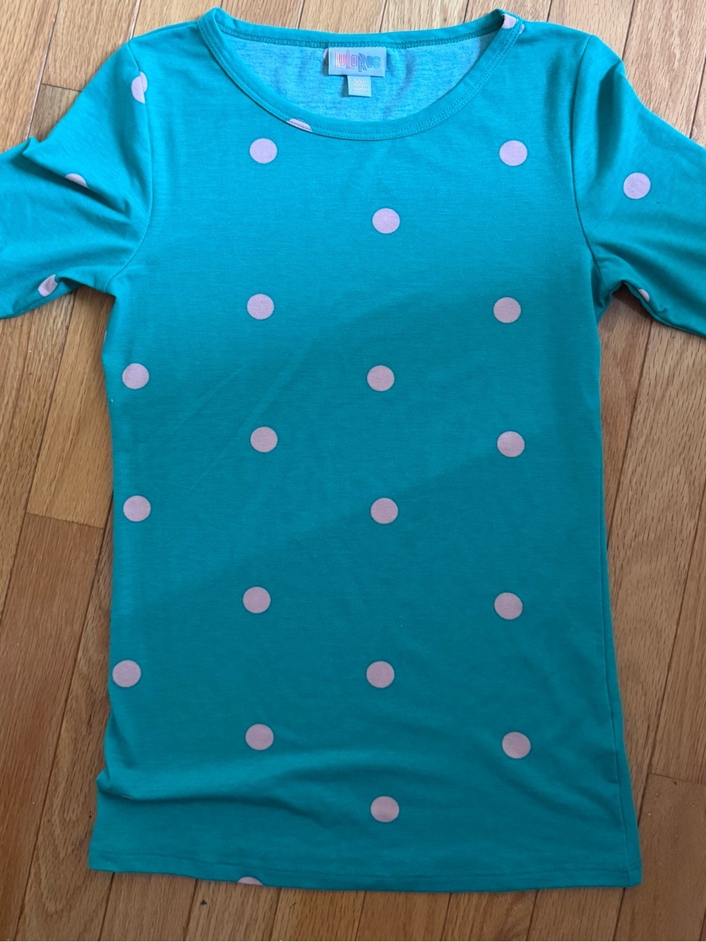 LuLaRoe Teal Tee with Light Pink Polka Dots